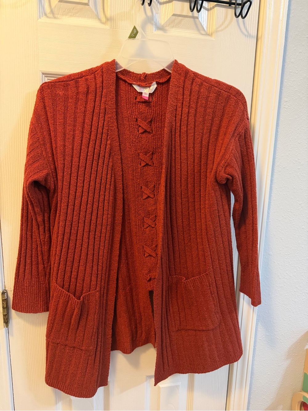 No Boundaries Rust Ribbed Open-Front Cardigan with Pockets